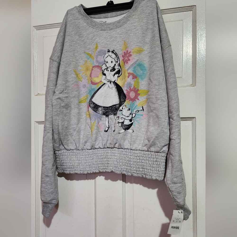 Disney Alice in Wonderland Sweatshirt Womens Heather Grey Floral NWT